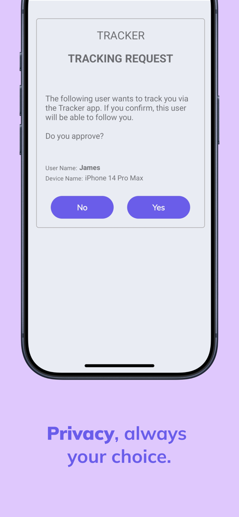 Tracker -Live Location Sharing - Una interfaz de aplicación móvil que muestra una solicitud de rastreo de ubicación con un enfoque en la privacidad.