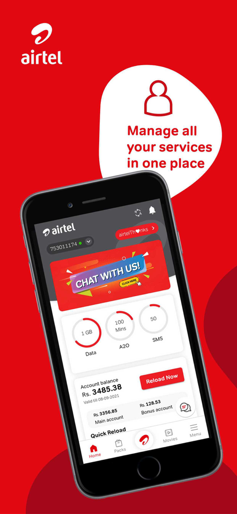 La pantalla de inicio de la aplicación My Airtel que muestra el saldo de la cuenta, el uso de datos y las opciones de soporte en un teléfono inteligente