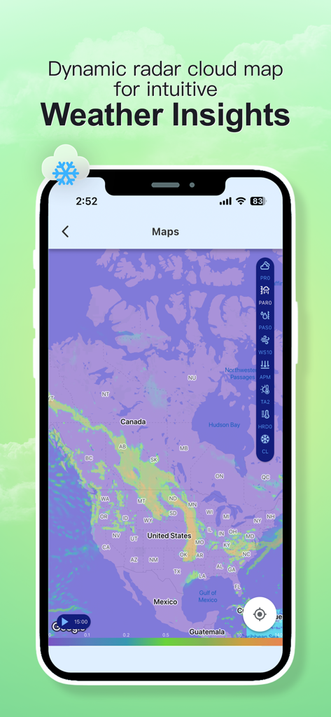 Local Weather warning & Radar - Mapa dinámico de nubes de radar que muestra información meteorológica en América del Norte.