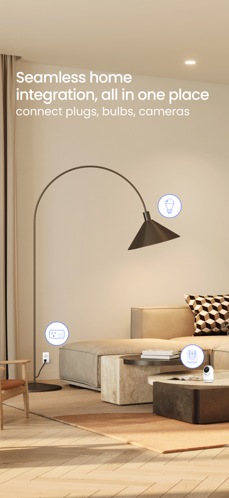 Feit Electric - Cena de sala de estar mostrando a integração perfeita de lâmpadas, tomadas e câmeras inteligentes Feit Electric