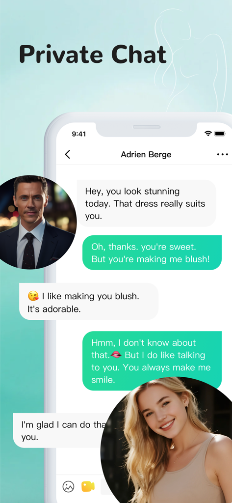 Uma captura de tela do aplicativo de namoro VPlus mostrando uma conversa de mensagem privada entre um homem e uma mulher com fotos de perfil