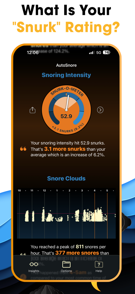 AutoSnore app interface displaying snoring intensity Snurk rating and snore clouds graph