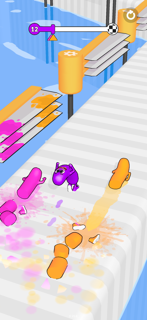 Colorful bean characters navigating a 3D obstacle course with rotating blades in Wacky Run