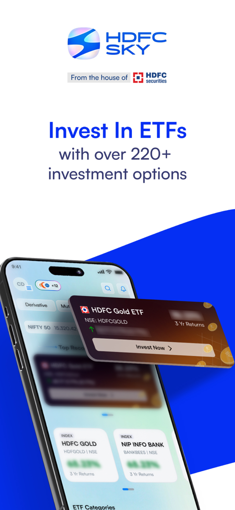 HDFC SKY app screen showing investment options in over 220 ETFs