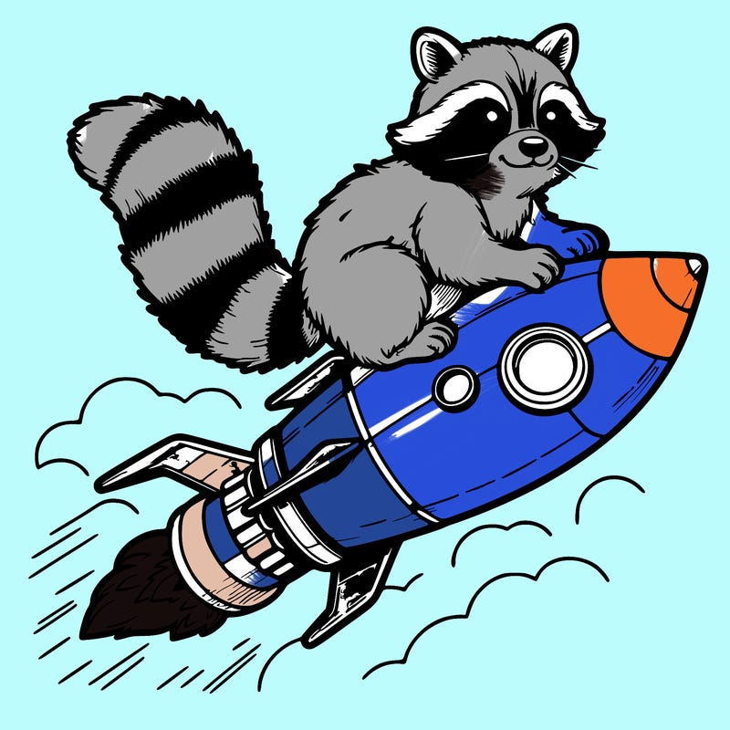 realistic raccoon flying on top rocket ship