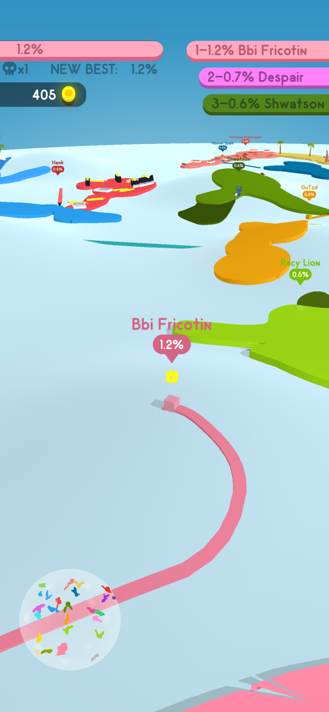 Paper.io 4 - Captura de pantalla del gameplay de Paper.io 4 que muestra a jugadores compitiendo por conquistar territorio en un mapa 3D.