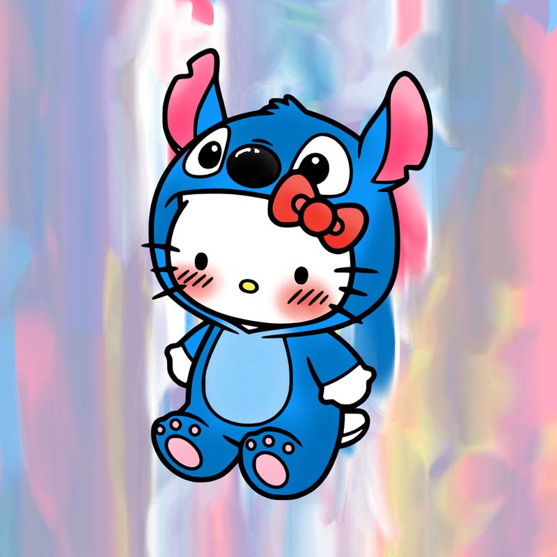 little cute hello kitty, blushing with little stitch costume