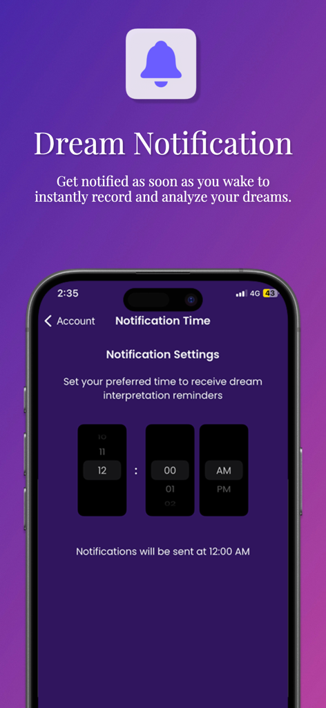 Dream Interpreter AI - Interface of the Dream Interpreter AI app showing the dream notification and reminder settings.