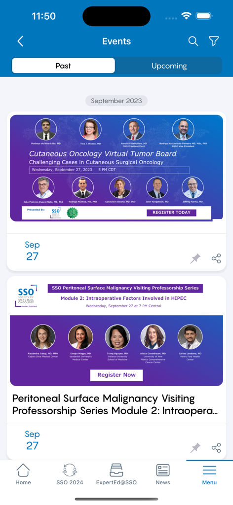 SSO Mobile - Events list in the SSO Mobile app showcasing past surgical oncology webinars and tumor boards