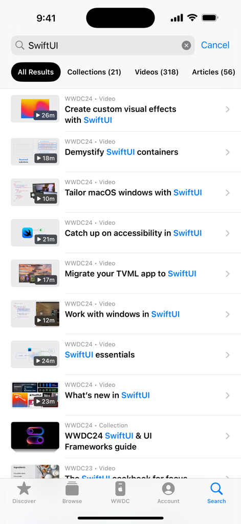 Apple Developer - Resultados de búsqueda de sesiones y videos de SwiftUI en la aplicación Apple Developer.
