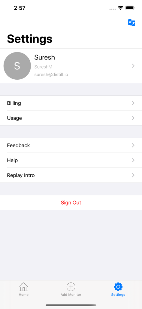 The settings interface of the Distill Web Monitor app showing account details billing information and usage settings
