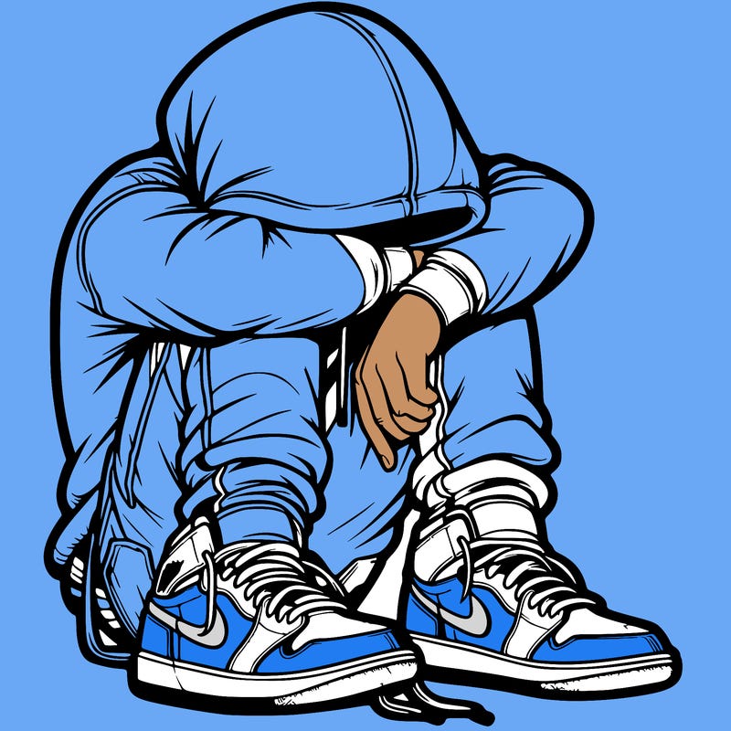depressed man wearing hoodie and jordan shoes and baggy jeans