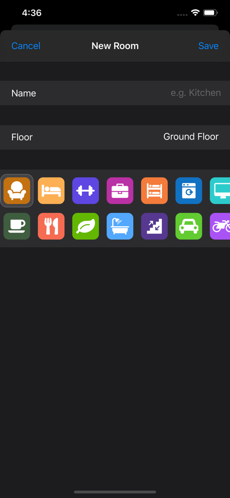 Interfaz para crear y personalizar una nueva habitación con iconos en la aplicación Easy KNX