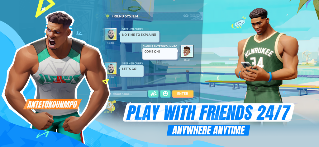 Dunk City Dynasty - Funciones sociales de Dunk City Dynasty que muestran el sistema de amigos y Giannis Antetokounmpo