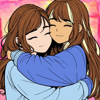 realistic two girls hugging