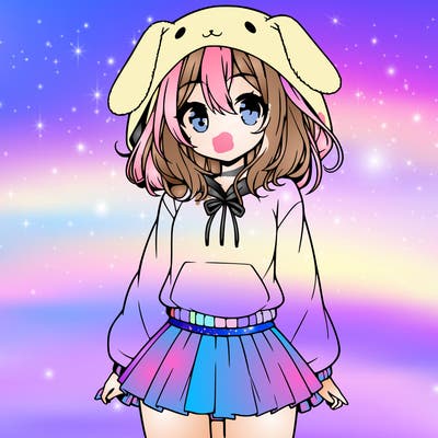pretty anime girl wearing a fluffy hoodie with bunny ears on the hood and a skirt