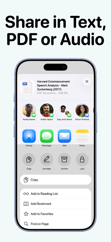 Noota - AI Note Taker - Smartphone screen showing the Noota app sharing a PDF document analysis through the iOS share sheet.