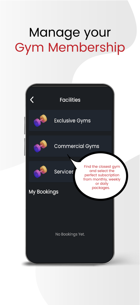 North Star Fitness - A smartphone screen from North Star Fitness showing options to manage gym memberships and find local facilities.