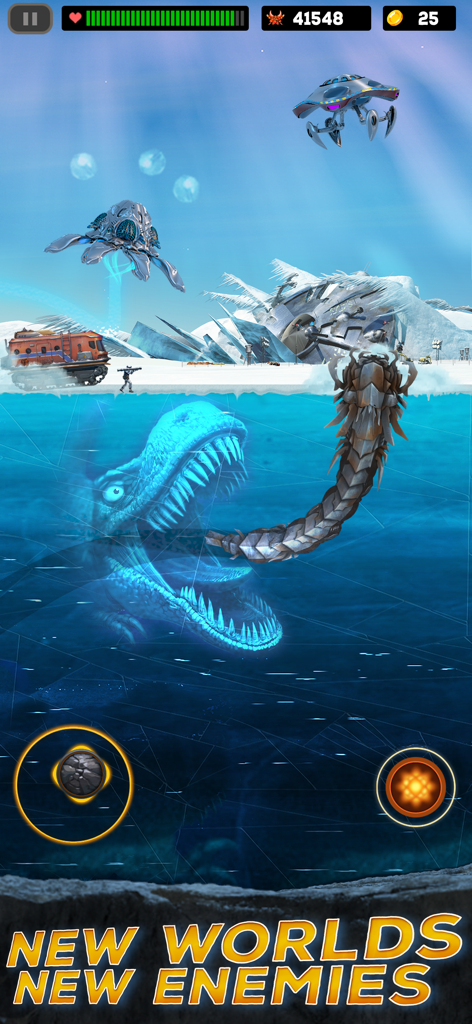 Death Worm™ - Gameplay di Death Worm che mostra un livello artico con un mostro gigante e nemici alieni futuristici.