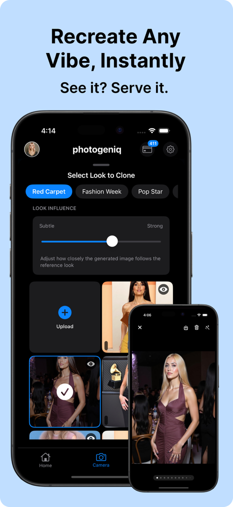 Photogeniq: AI Photo Generator - Photogeniq app interface demonstrating the AI feature to clone a red carpet look