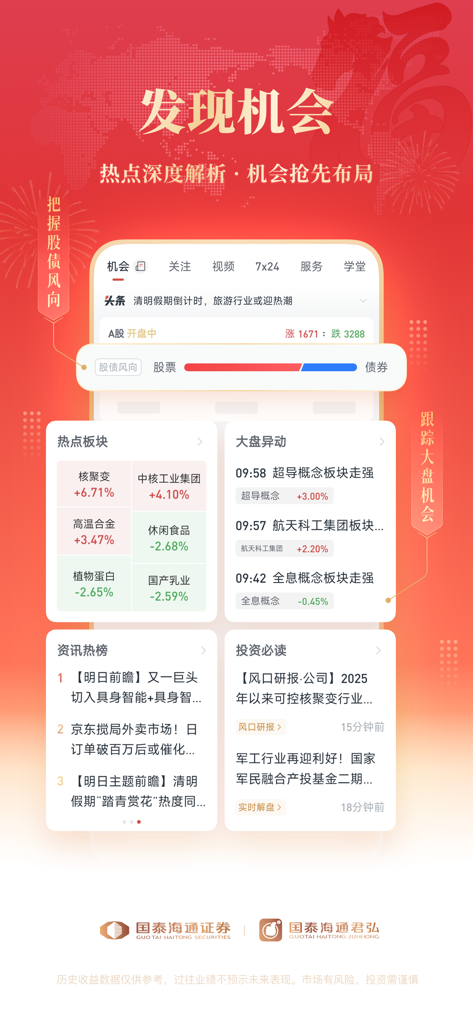 国泰海通君弘-股票交易，证券投资 - Guotai Haitong Junhong app market analysis screen showing stock trends and hot sectors