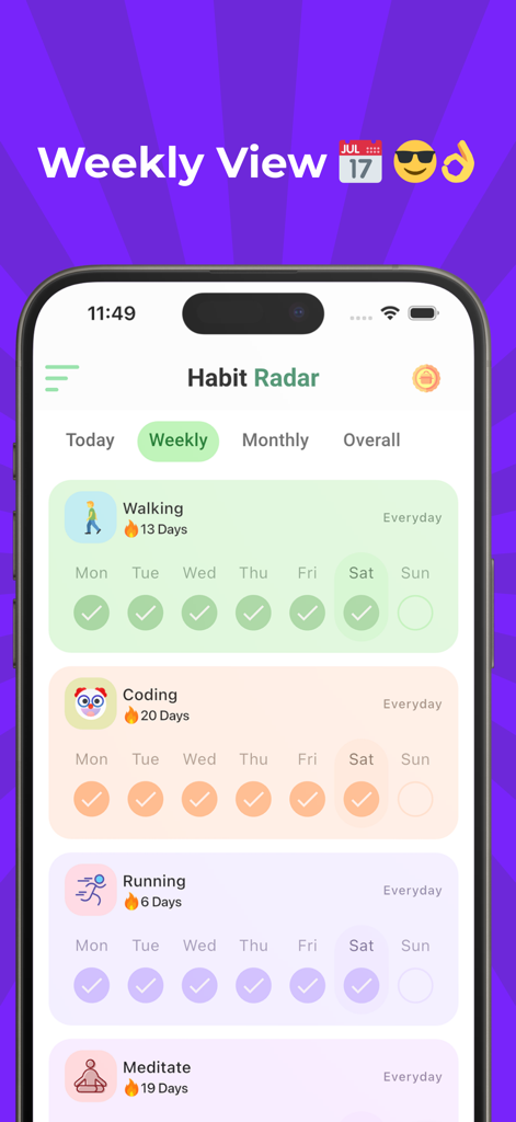 Habit Radar : Habit Tracker - Habit Radar app screen showing weekly progress for habits like walking, coding, running, and meditation with completion streaks