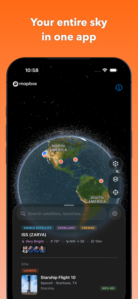 Flyby — ISS & Launch Tracker - Flyby mobile app interface showing a 3D globe with satellite tracking data and information for an ISS pass and Starship launch.