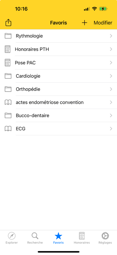 The favorites screen of the iCCAM medical coding app on iPhone showing organized procedure categories.