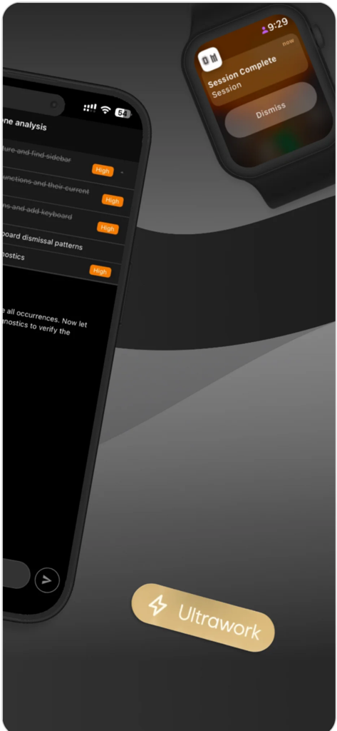 OpenCode mobile app showing session analysis on iPhone and a session completion notification on Apple Watch