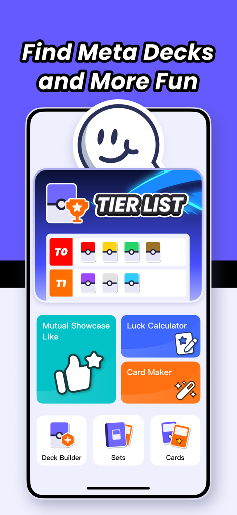PokeHub - for TCG Pocket - Interfaccia dell'app PokeHub con una tier list per mazzi meta e strumenti di utilità TCG come un calcolatore di fortuna e un creatore di carte