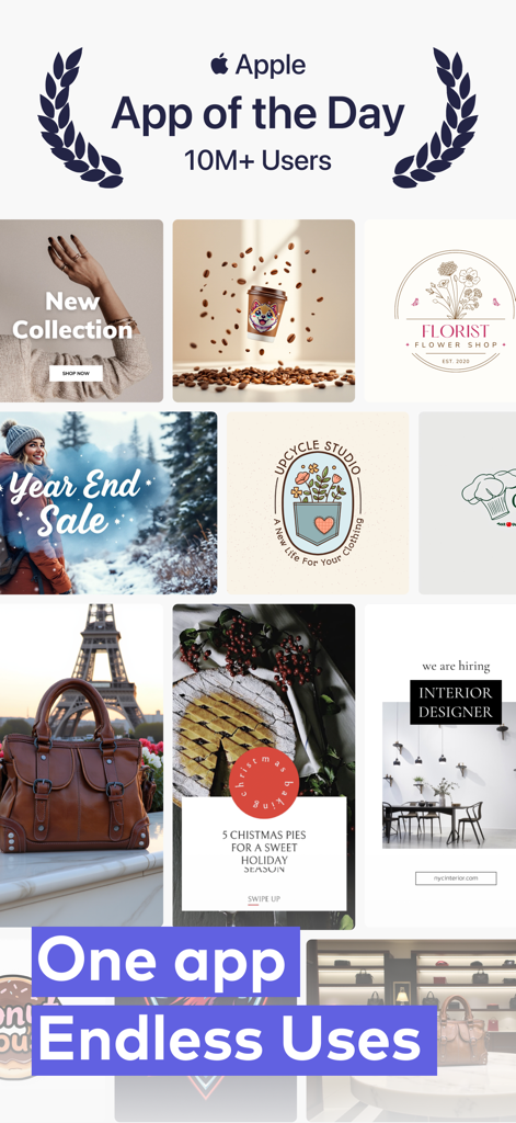 Eine Collage aus professionellen Social-Media-Vorlagen und Logos, die mit der Impresso-App erstellt wurden, einschließlich Modeangeboten und Branding für Kleinunternehmen