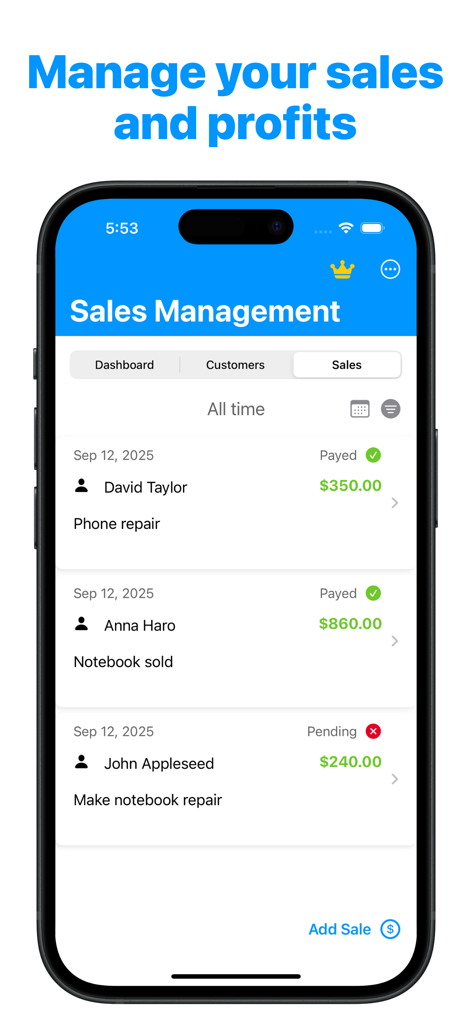 Simple Sales Management - Oberfläche der Einfache Verkaufsverwaltung-App, die eine Liste von Verkäufen und Zahlungsstatus zeigt