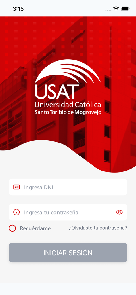 Aplicación Móvil USAT - Login screen of the USAT mobile application for students