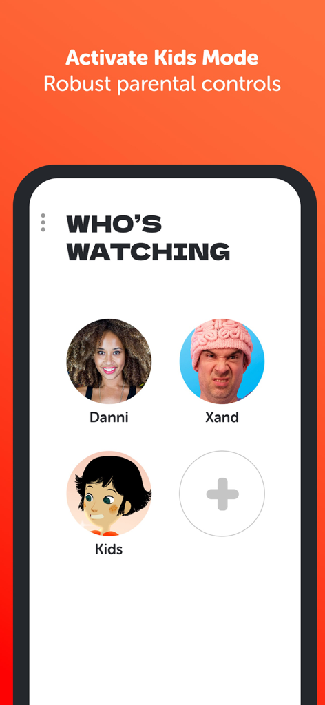 Interface de l'application Da Vinci montrant plusieurs profils d'utilisateurs avec un mode enfants dédié et des contrôles parentaux robustes.