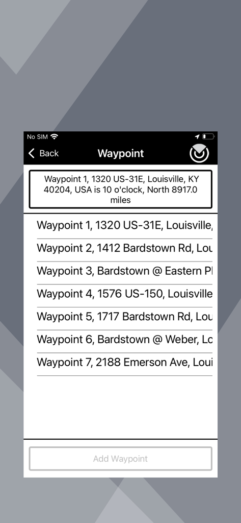 Indigo Nav - Indigo Nav app screenshot showing a list of navigation waypoints with addresses and clockface direction information.
