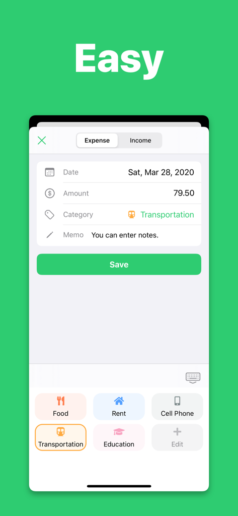 Screenshot of Monelyze budget app interface showing a simple form to record a daily expense with category icons.
