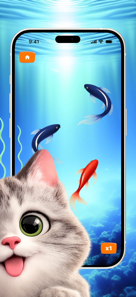 Cat Games - Fish & Mouse - Interactive fishing game for cats on a smartphone screen featuring a cute cartoon kitten