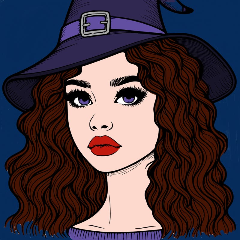 realistic girl with wavy hair a witch hat and a nose and lips and eyes