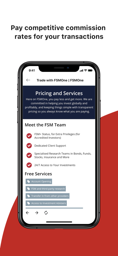 FSMOne - Invest Globally - FSMOne app screen displaying investment pricing and free services