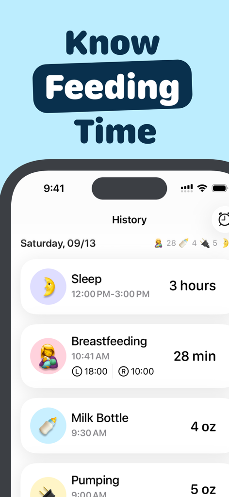 Baby Feed Timer - Babee - A daily history log screen of the Baby Feed Timer app showing sleep breastfeeding and pumping sessions