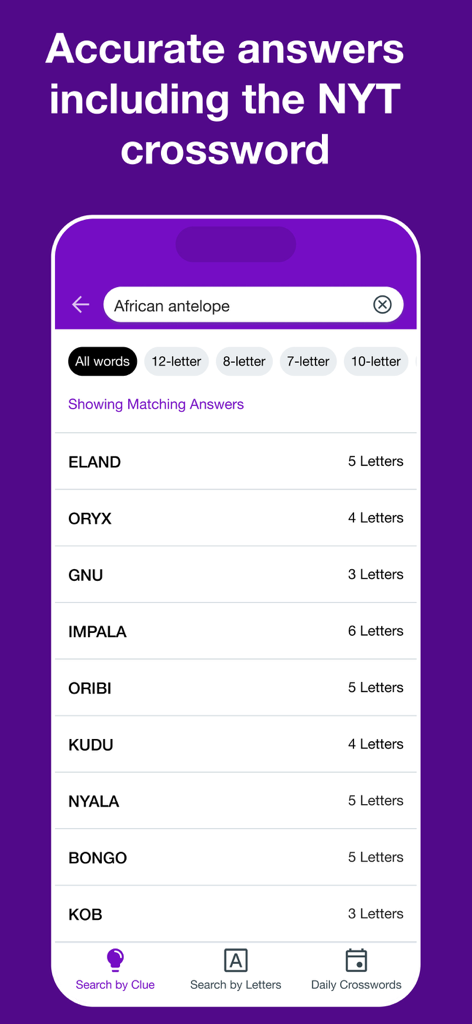 Crossword Solver Plus - Screenshot of the Crossword Solver Plus app showing search results for the clue African antelope