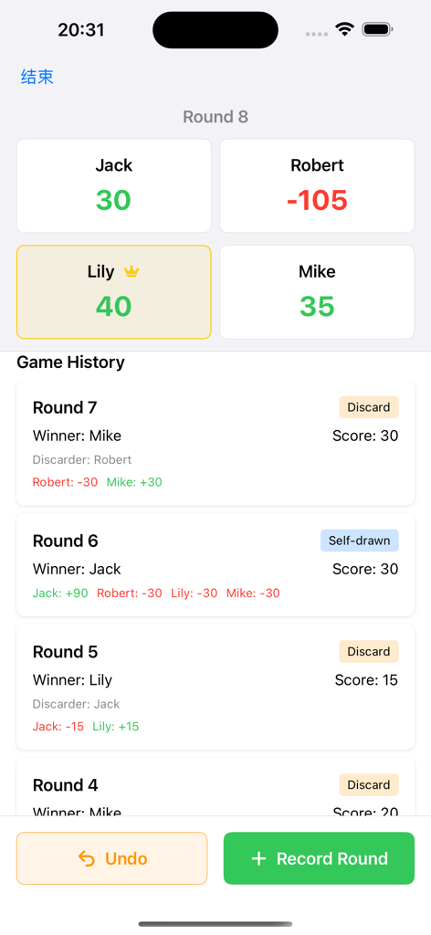 Un panel digital de puntuación de Mahjong que muestra las clasificaciones de los jugadores y los datos históricos de las rondas