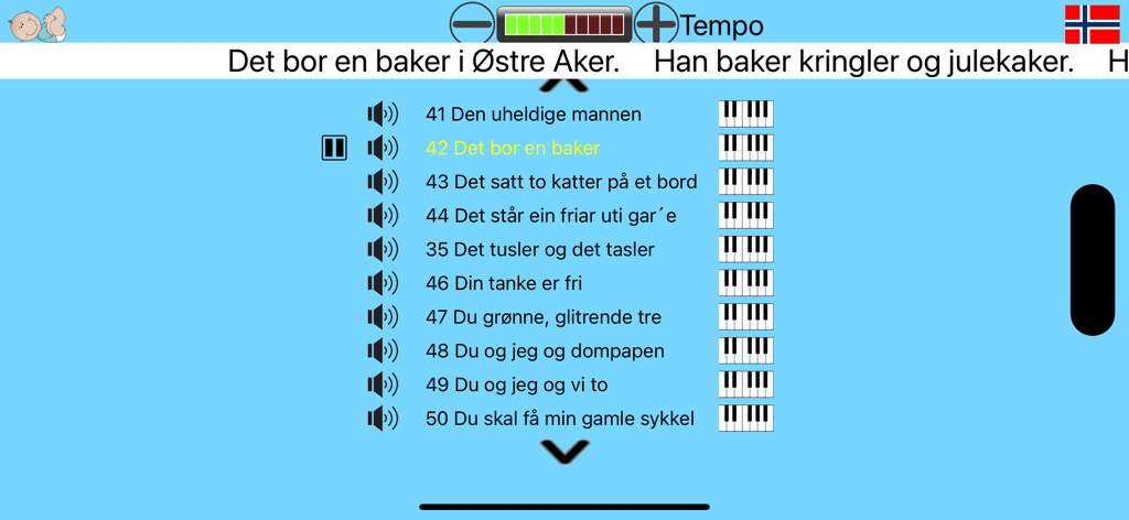 Songauswahl-Bildschirm in der Kinder-Klavier-App, der eine Liste von Melodien mit Tempo- und Textsteuerungen anzeigt