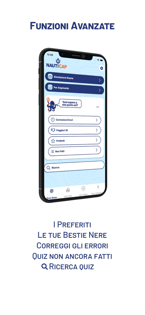 NautiCap - Quiz Patente 2026 - Funciones avanzadas de estudio de la aplicación NautiCap que muestran simulación de examen y seguimiento de progreso en un iPhone.