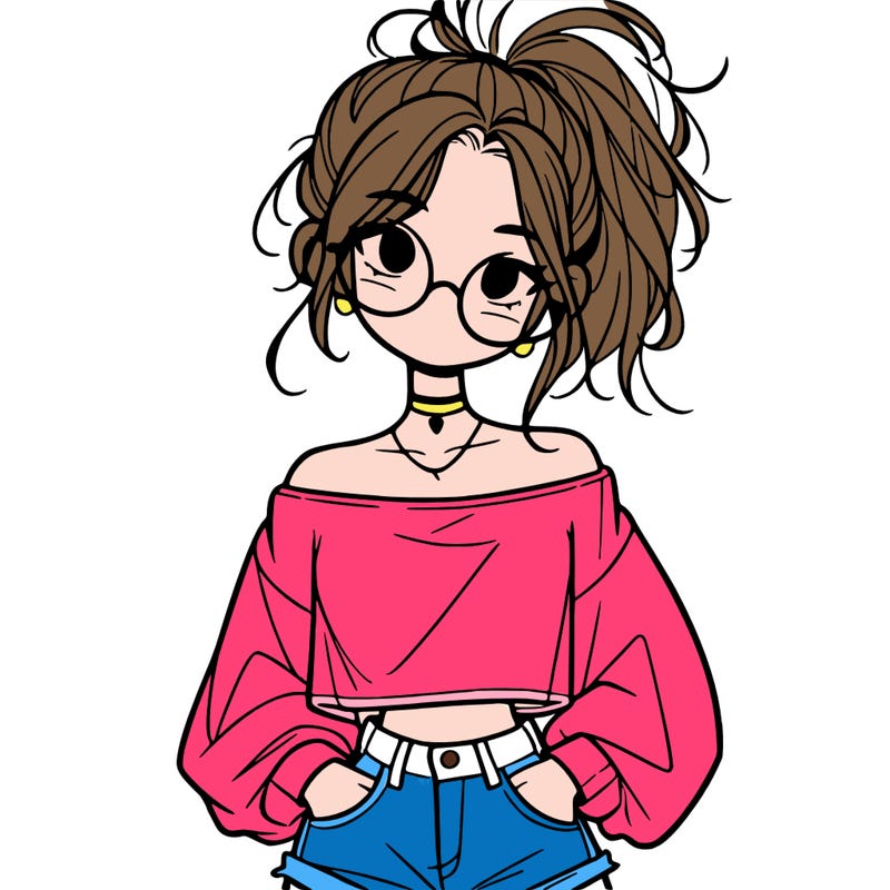 girl with a messy ponytail glasses a baggy crop top and jean shorts