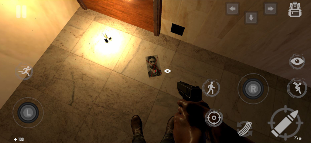 The Last Station - Baku - First-person view of a character holding a gun and looking at a photo with a red X on a dark station floor