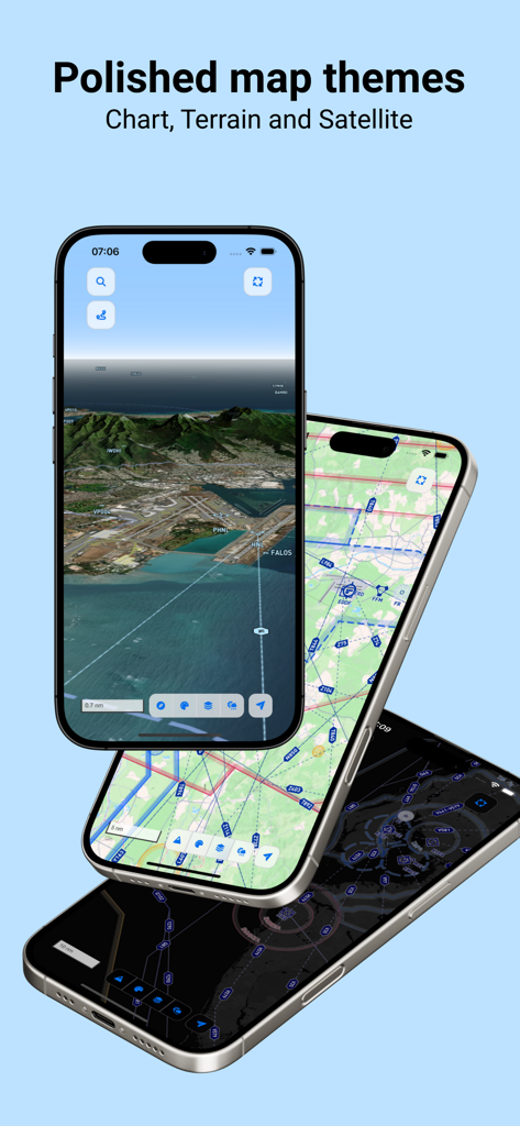 FlyCharts - Three iPhones showing different map themes in the FlyCharts app including satellite terrain and aviation charts