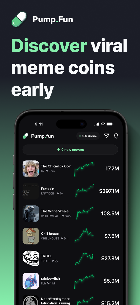 The pump.fun mobile app interface showing a list of viral meme coins with real-time price charts and market capitalizations