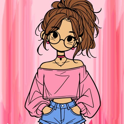 girl with a messy ponytail glasses a baggy crop top and jean shorts