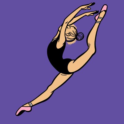gymnast doing a leap in a leotard with a bent back leg